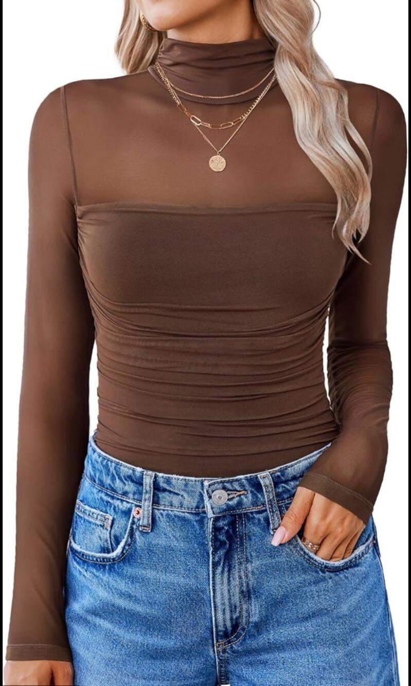 AvidLove Long Sleeve Sheer Brown Bodysuit Blouse Small